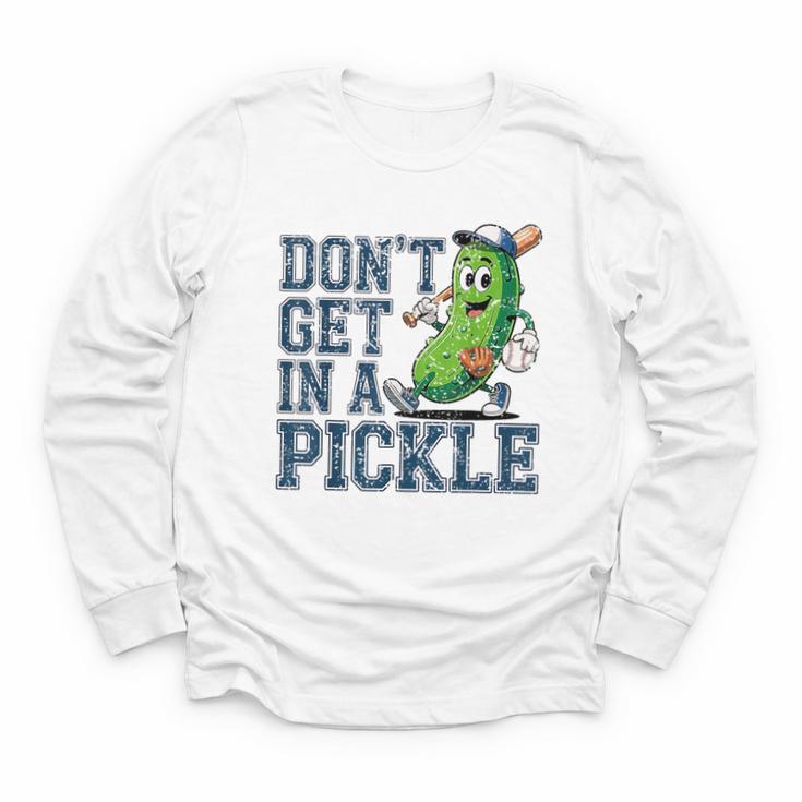 Youth Baseball Catcher Humor Don’t Get In A Pickle Youth Long Sleeve Tee
