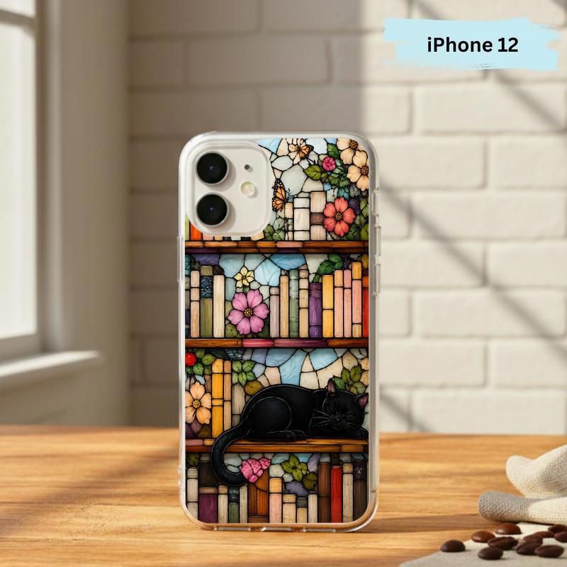 Black Cat Bookshelf Art - Stained Glass Book Lover Phone Case IPhone