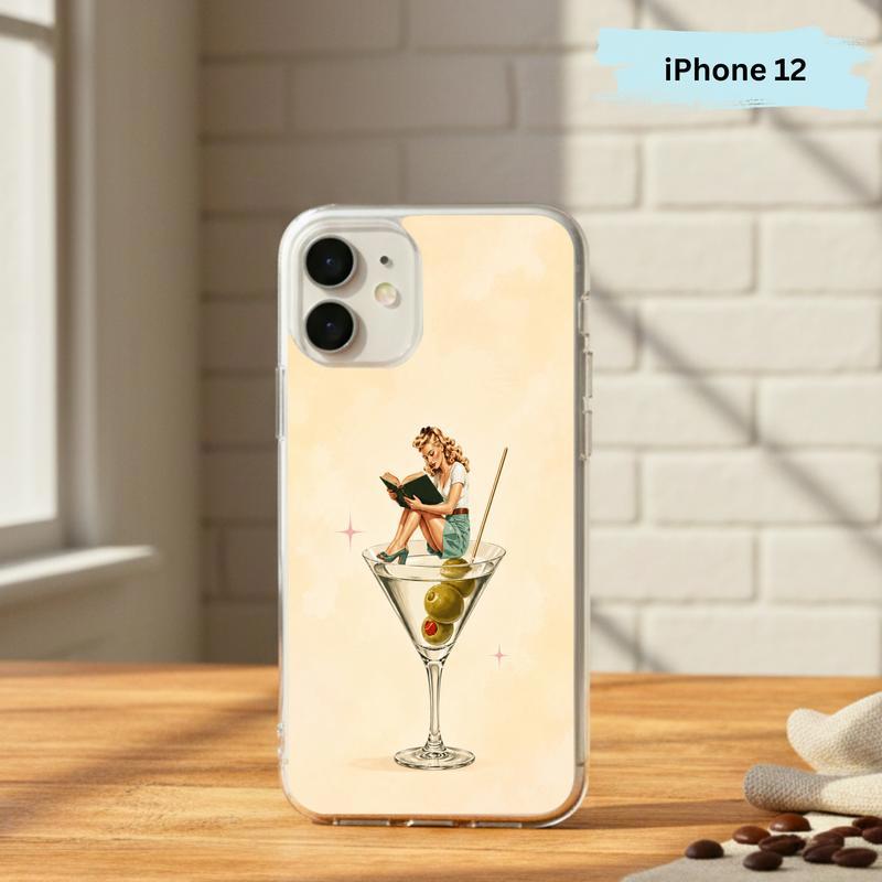 Retro Book Lover Art - Reading Girl Martini Aesthetic Phone Case IPhone