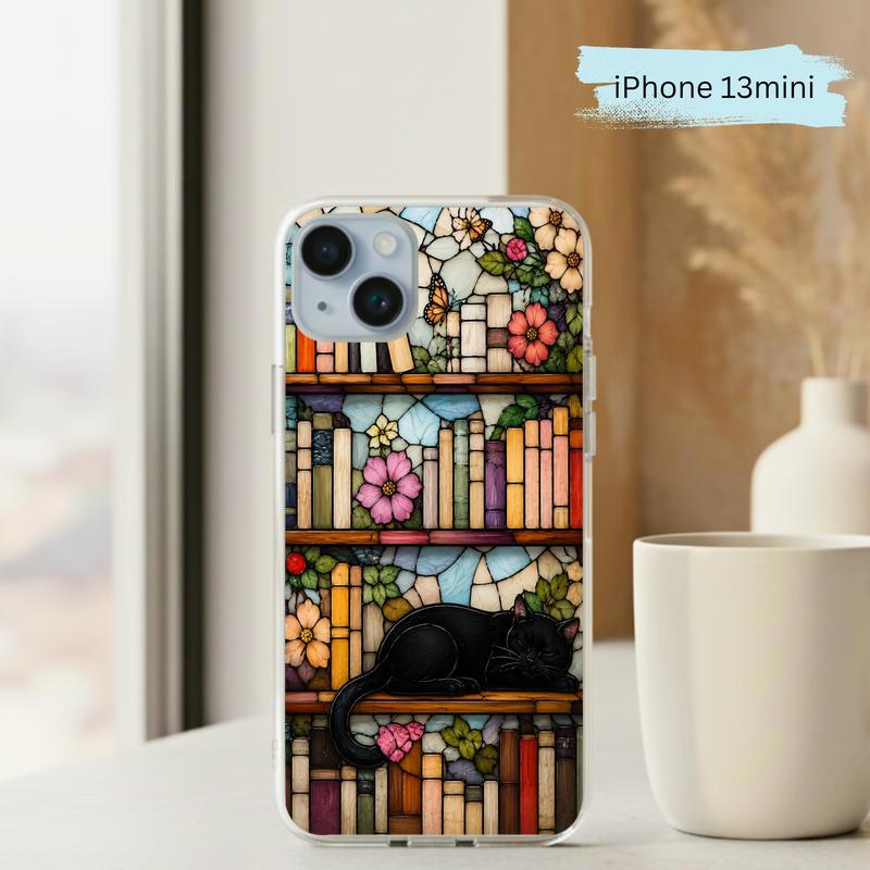 Black Cat Bookshelf Art - Stained Glass Book Lover Phone Case IPhone
