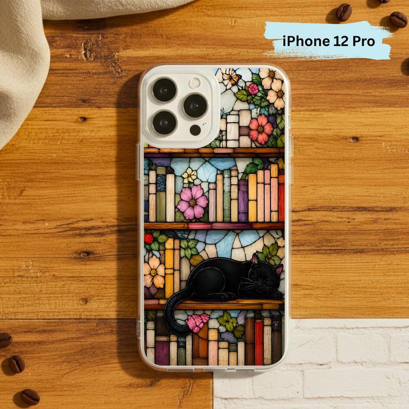 Black Cat Bookshelf Art - Stained Glass Book Lover Phone Case IPhone