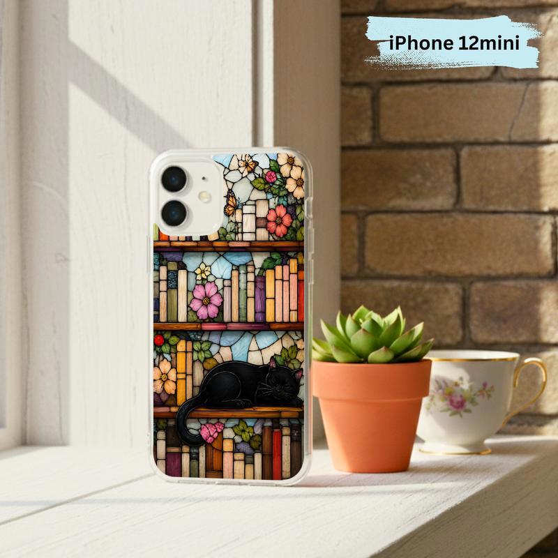 Black Cat Bookshelf Art - Stained Glass Book Lover Phone Case IPhone