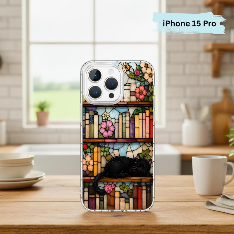 Black Cat Bookshelf Art - Stained Glass Book Lover Phone Case IPhone