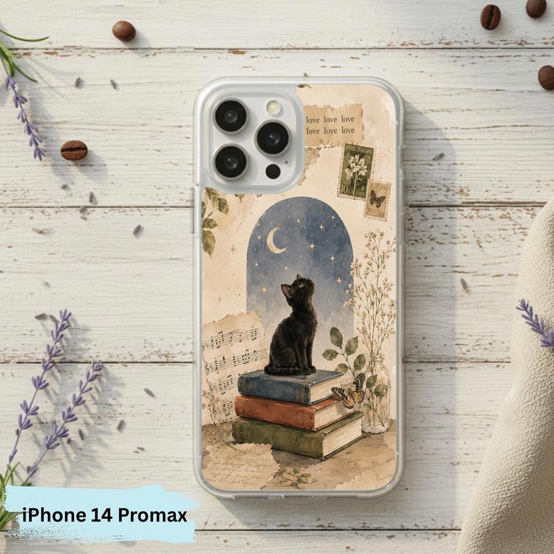 Black Cat Book Aesthetic - Vintage Moonlight Reader Phone Case IPhone