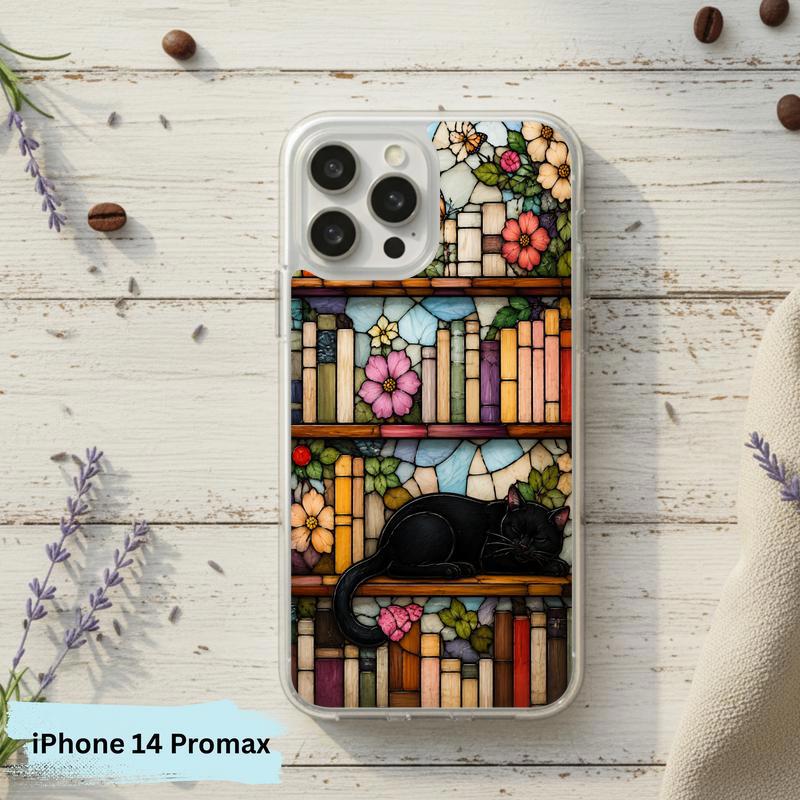 Black Cat Bookshelf Art - Stained Glass Book Lover Phone Case IPhone