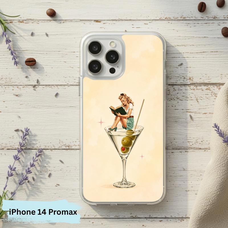 Retro Book Lover Art - Reading Girl Martini Aesthetic Phone Case IPhone