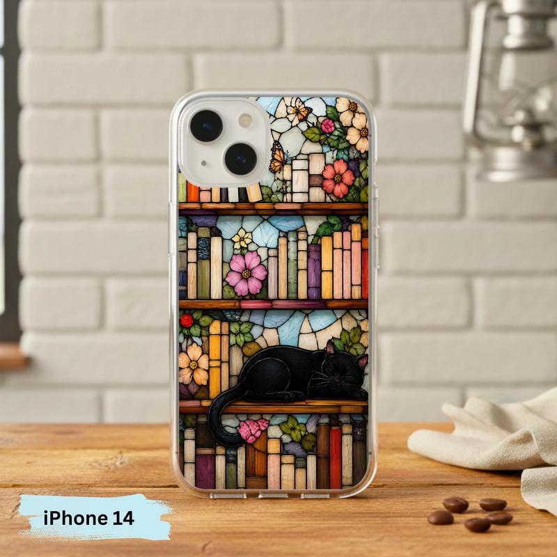 Black Cat Bookshelf Art - Stained Glass Book Lover Phone Case IPhone