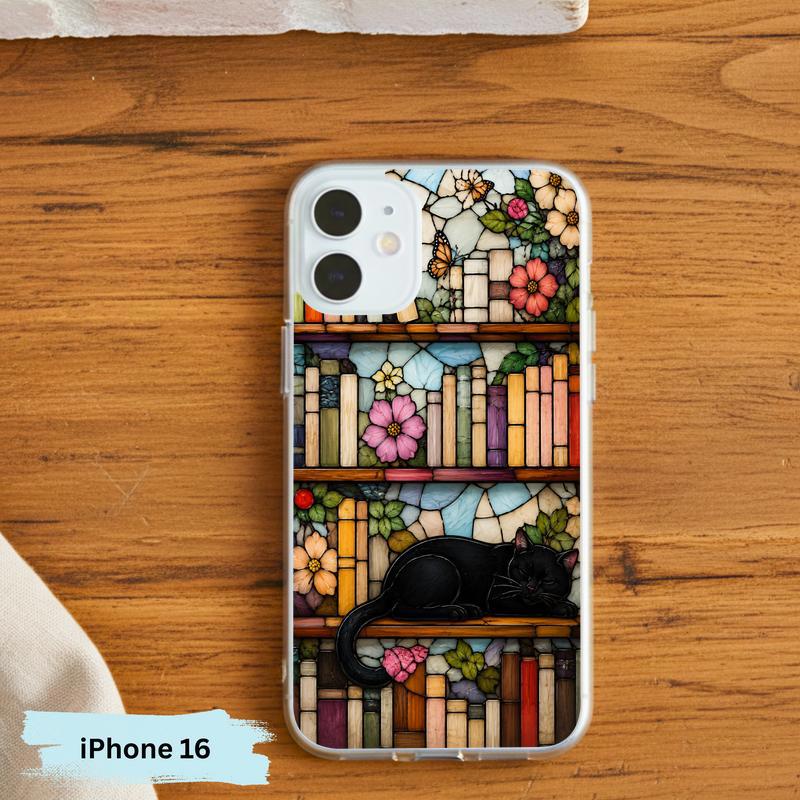 Black Cat Bookshelf Art - Stained Glass Book Lover Phone Case IPhone