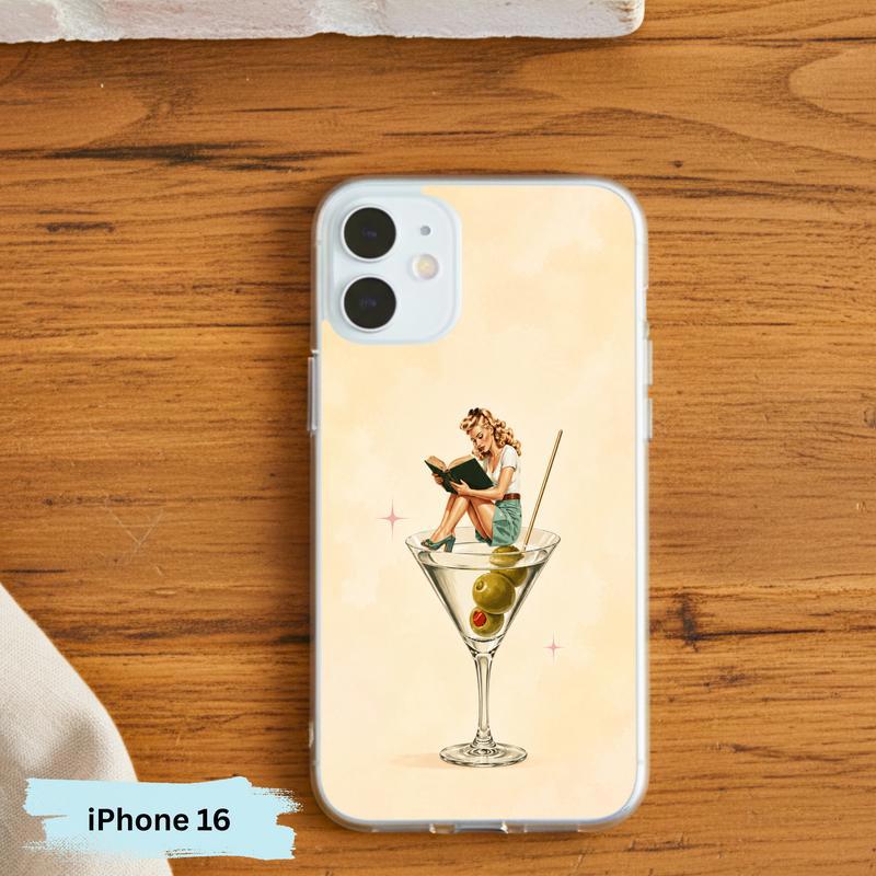 Retro Book Lover Art - Reading Girl Martini Aesthetic Phone Case IPhone