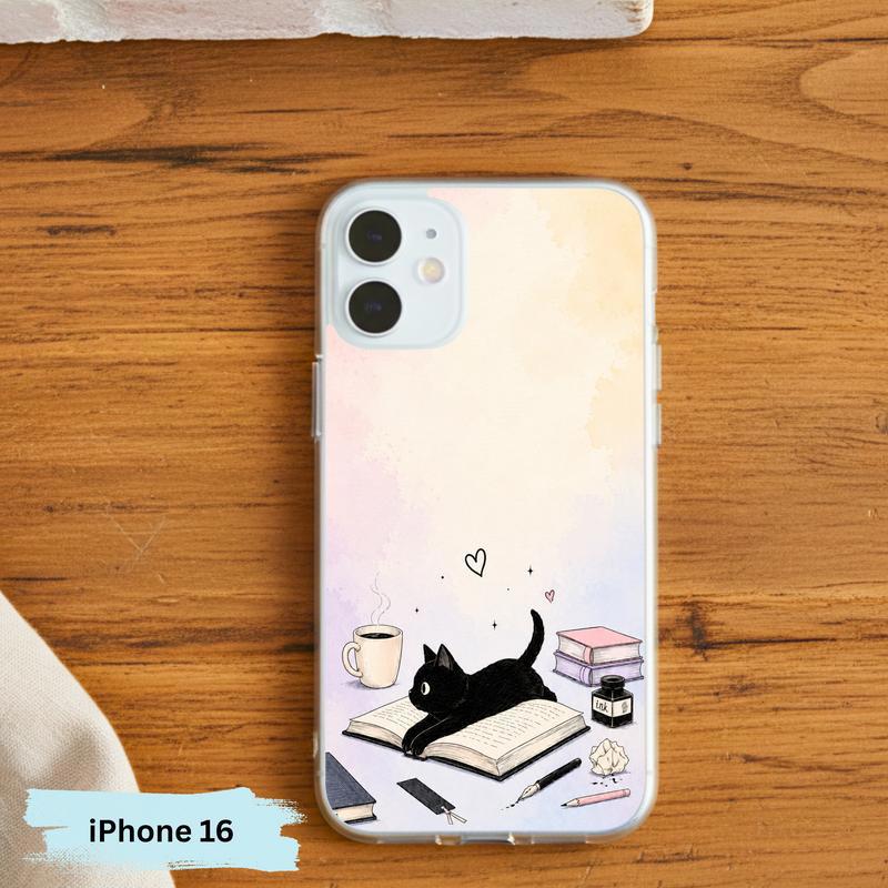 Whimsical Black Cat Reader - Cozy Book Lover Design Phone Case IPhone