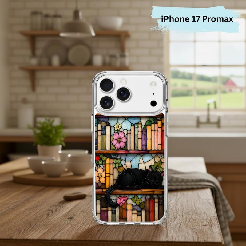 Black Cat Bookshelf Art - Stained Glass Book Lover Phone Case IPhone