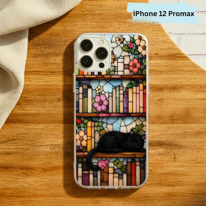 Black Cat Bookshelf Art - Stained Glass Book Lover Phone Case IPhone