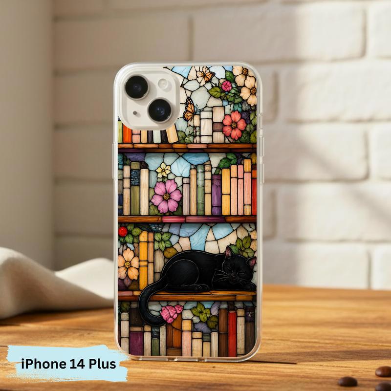 Black Cat Bookshelf Art - Stained Glass Book Lover Phone Case IPhone