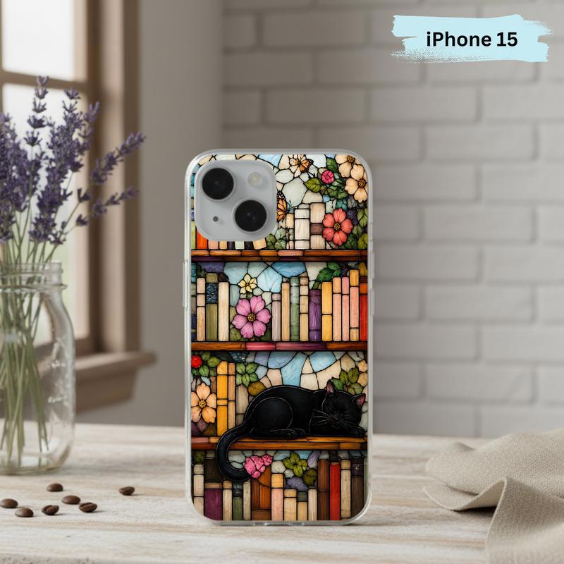 Black Cat Bookshelf Art - Stained Glass Book Lover Phone Case IPhone