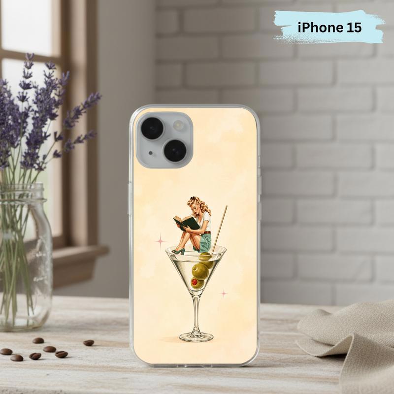 Retro Book Lover Art - Reading Girl Martini Aesthetic Phone Case IPhone