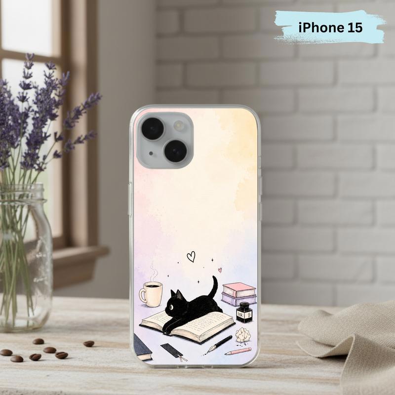 Whimsical Black Cat Reader - Cozy Book Lover Design Phone Case IPhone