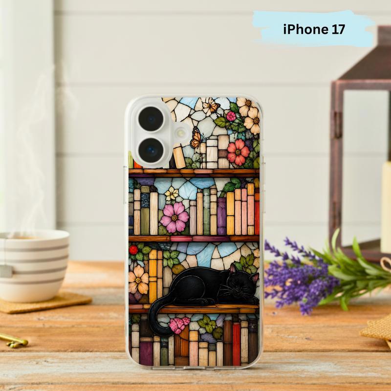 Black Cat Bookshelf Art - Stained Glass Book Lover Phone Case IPhone - Bookorys