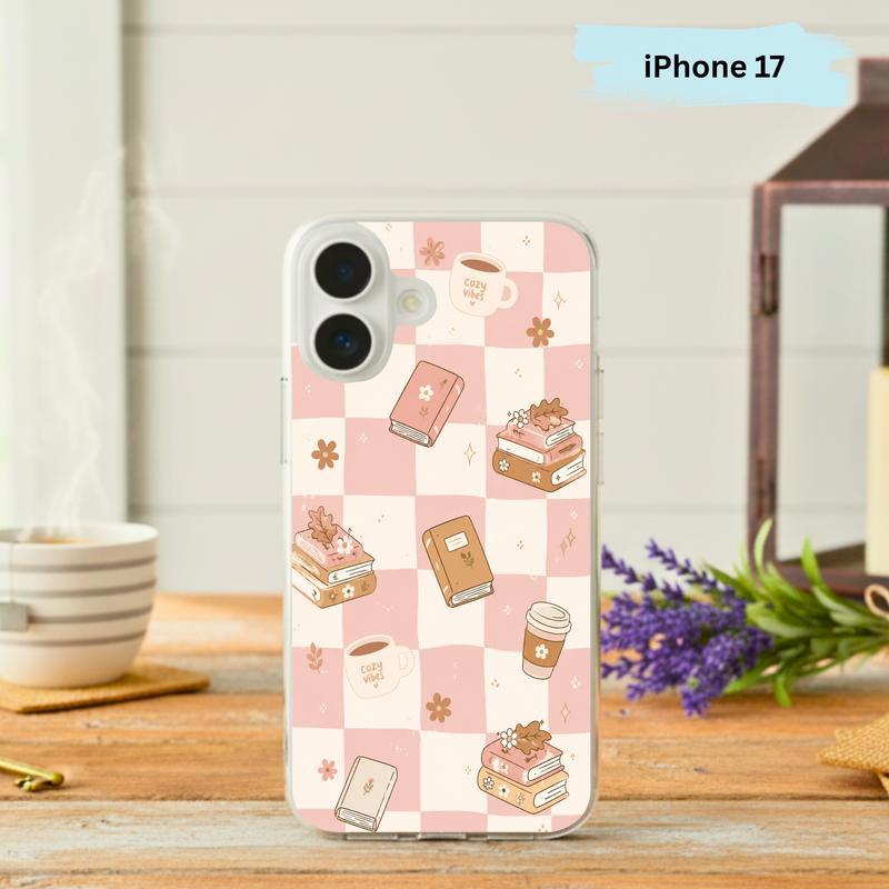 Cozy Book Lover Aesthetic - Pink Checkered Reading Vibes Phone Case IPhone - Bookorys