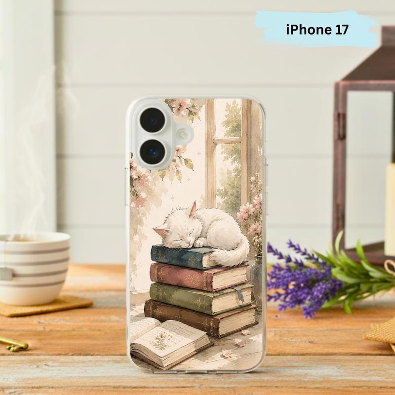 Sleeping Cat And Books - Cozy Cottagecore Library Art Phone Case IPhone - Bookorys