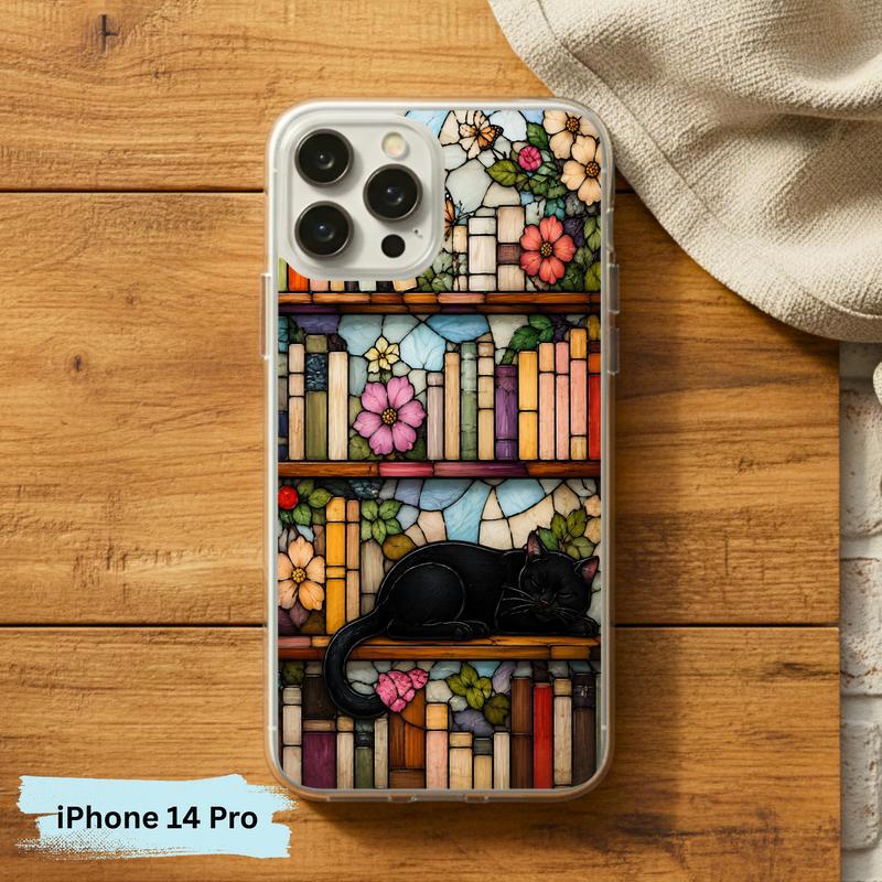Black Cat Bookshelf Art - Stained Glass Book Lover Phone Case IPhone