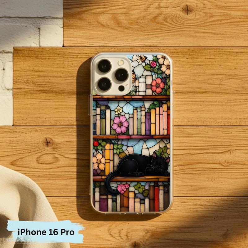 Black Cat Bookshelf Art - Stained Glass Book Lover Phone Case IPhone