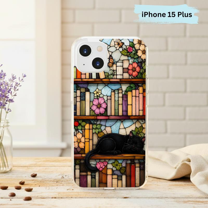 Black Cat Bookshelf Art - Stained Glass Book Lover Phone Case IPhone