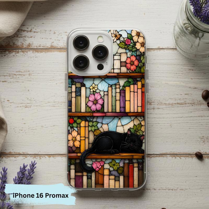 Black Cat Bookshelf Art - Stained Glass Book Lover Phone Case IPhone