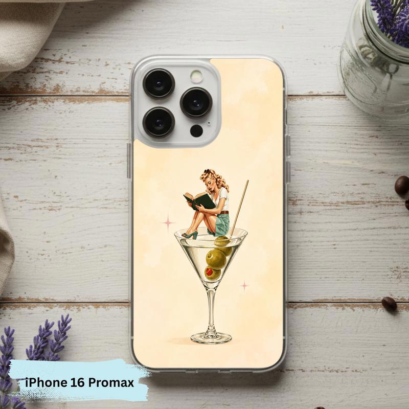 Retro Book Lover Art - Reading Girl Martini Aesthetic Phone Case IPhone