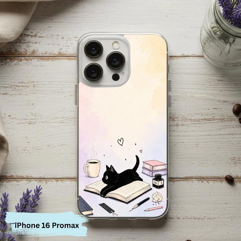 Whimsical Black Cat Reader - Cozy Book Lover Design Phone Case IPhone