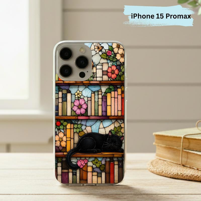 Black Cat Bookshelf Art - Stained Glass Book Lover Phone Case IPhone