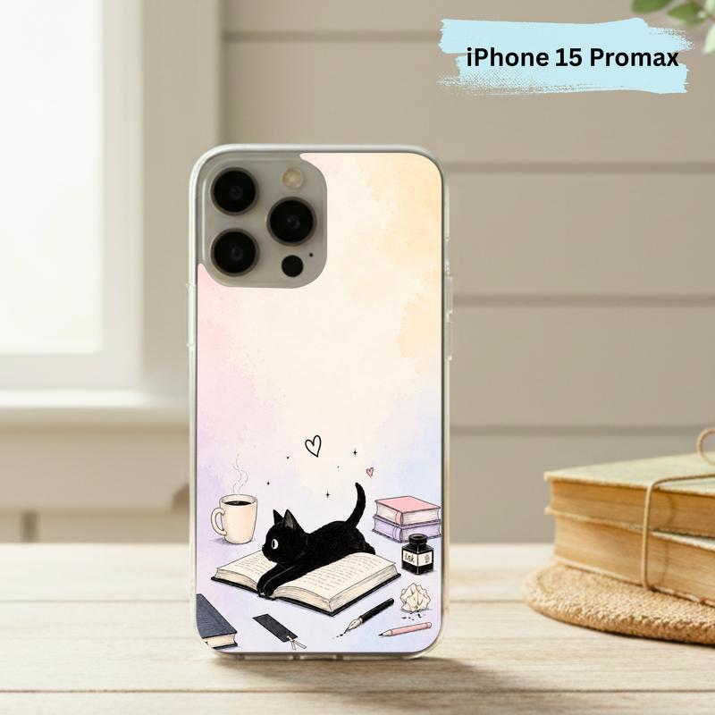 Whimsical Black Cat Reader - Cozy Book Lover Design Phone Case IPhone