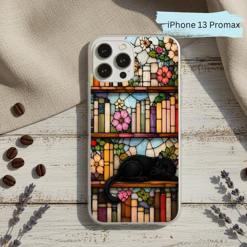 Black Cat Bookshelf Art - Stained Glass Book Lover Phone Case IPhone