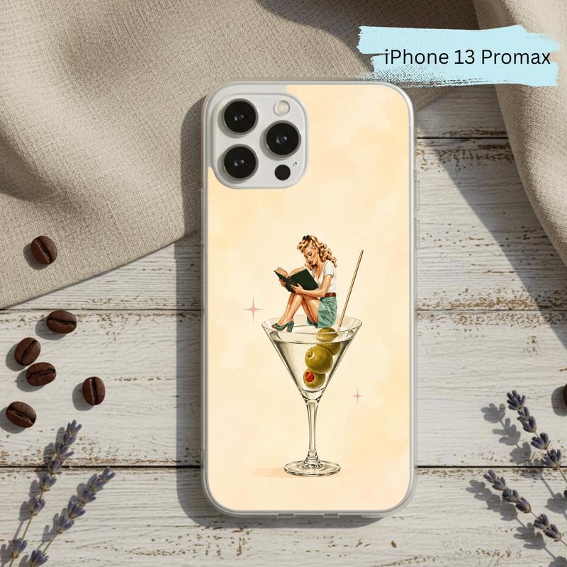 Retro Book Lover Art - Reading Girl Martini Aesthetic Phone Case IPhone