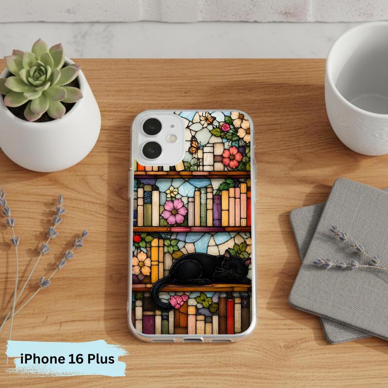 Black Cat Bookshelf Art - Stained Glass Book Lover Phone Case IPhone