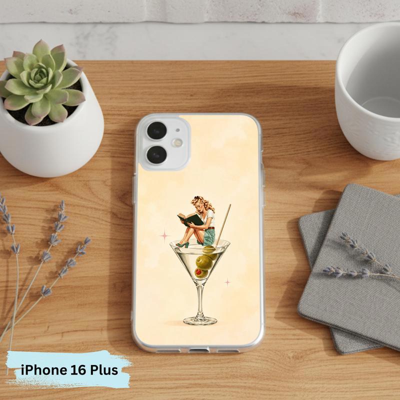 Retro Book Lover Art - Reading Girl Martini Aesthetic Phone Case IPhone