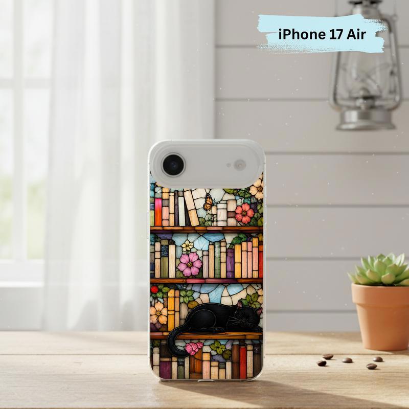 Black Cat Bookshelf Art - Stained Glass Book Lover Phone Case IPhone