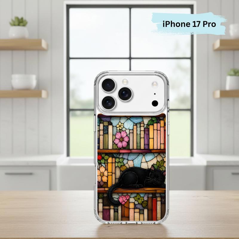 Black Cat Bookshelf Art - Stained Glass Book Lover Phone Case IPhone