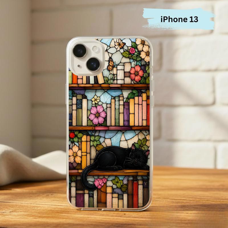 Black Cat Bookshelf Art - Stained Glass Book Lover Phone Case IPhone
