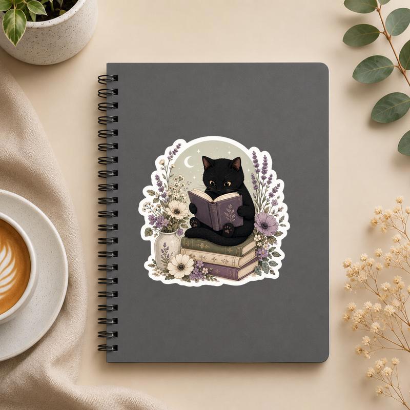 Black Cat Reading Books - Floral Cozy Reader Sticker - Bookorys