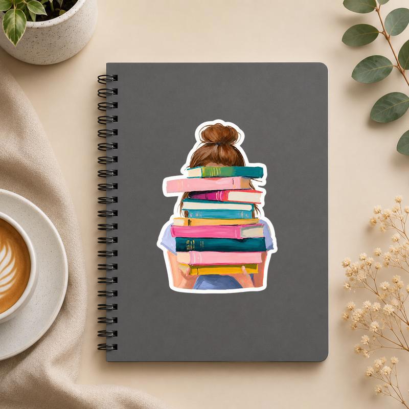 Book Stack Girl - Modern Book Lover Aesthetic Sticker - Bookorys