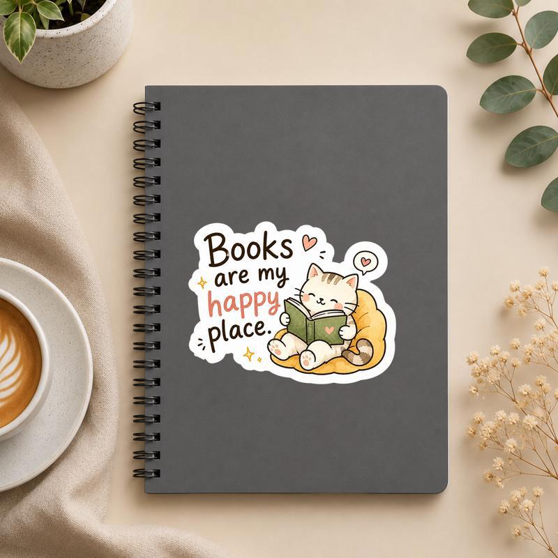 Books Are My Happy Place - Cute Reading Cat Sticker - Bookorys