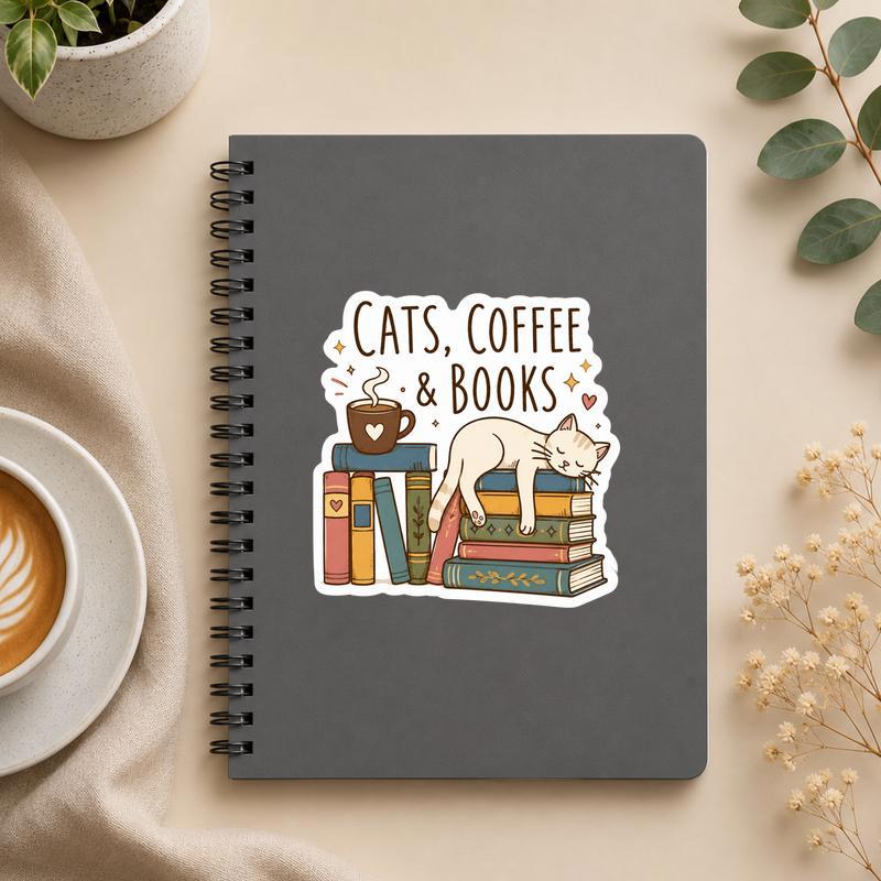 Cats, Coffee And Books - Cozy Reader Lifestyle Sticker - Bookorys