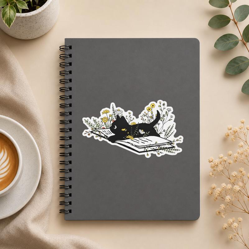 Cozy Black Cat Reader - Cottagecore Bookish Design Sticker - Bookorys