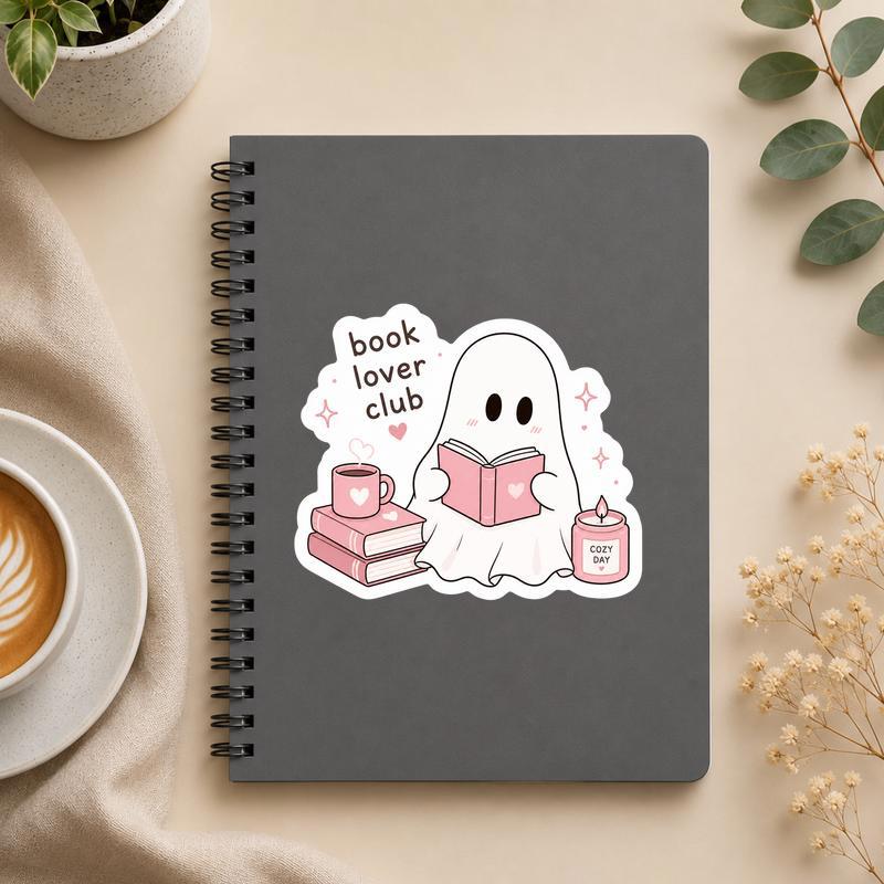 Cozy Pink Bookworm - Kawaii Reader Ghost Sticker - Bookorys