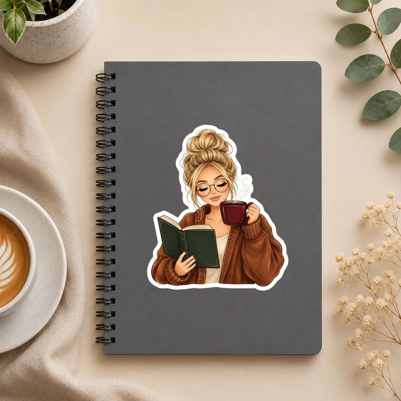 Cozy Reader Girl - Books And Coffee Aesthetic Sticker - Bookorys