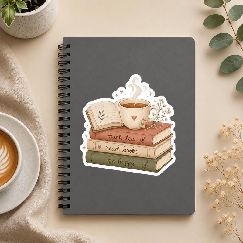 Drink Tea Read Books Be Happy - Soft Bookish Aesthetic Sticker - Bookorys