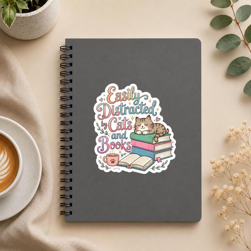 Easily Distracted By Cats And Books - Cute Reader Sticker - Bookorys