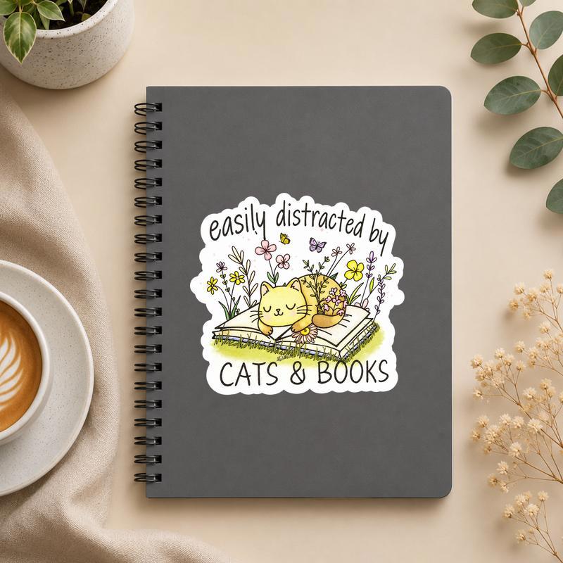 Easily Distracted By Cats And Books - Floral Cat Sticker - Bookorys