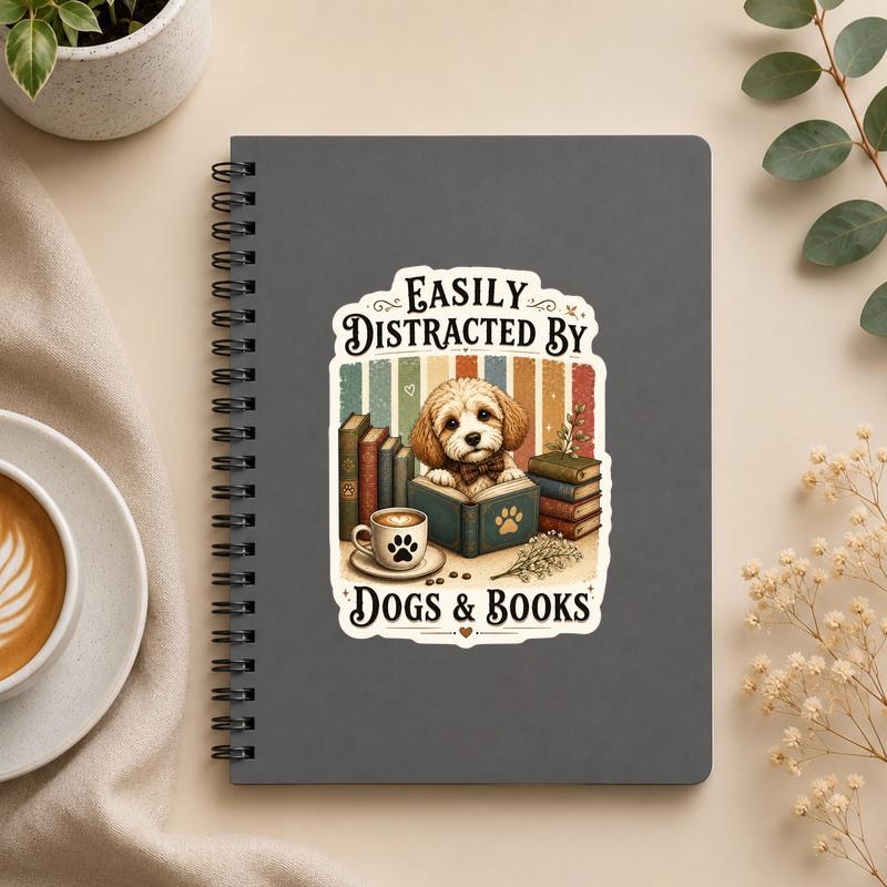 Easily Distracted By Dogs And Books - Vintage Reader Vibes Sticker - Bookorys