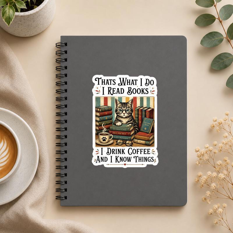 I Read Books, Drink Coffee And Know Things - Vintage Cat Art Sticker - Bookorys